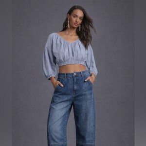 Universal Thread Blue and White Puff Sleeve Crop Blouse